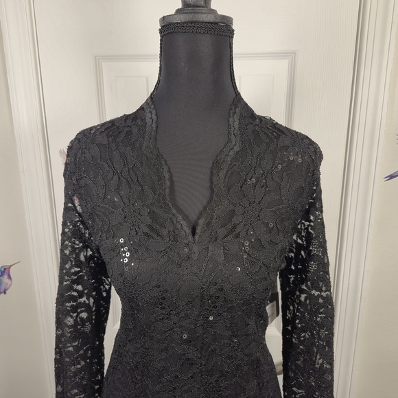 MARINA Black Sequin Lace Long Sleeve Mini Dress Size 12 Cocktail Evening LBD - Picture 5 of 9